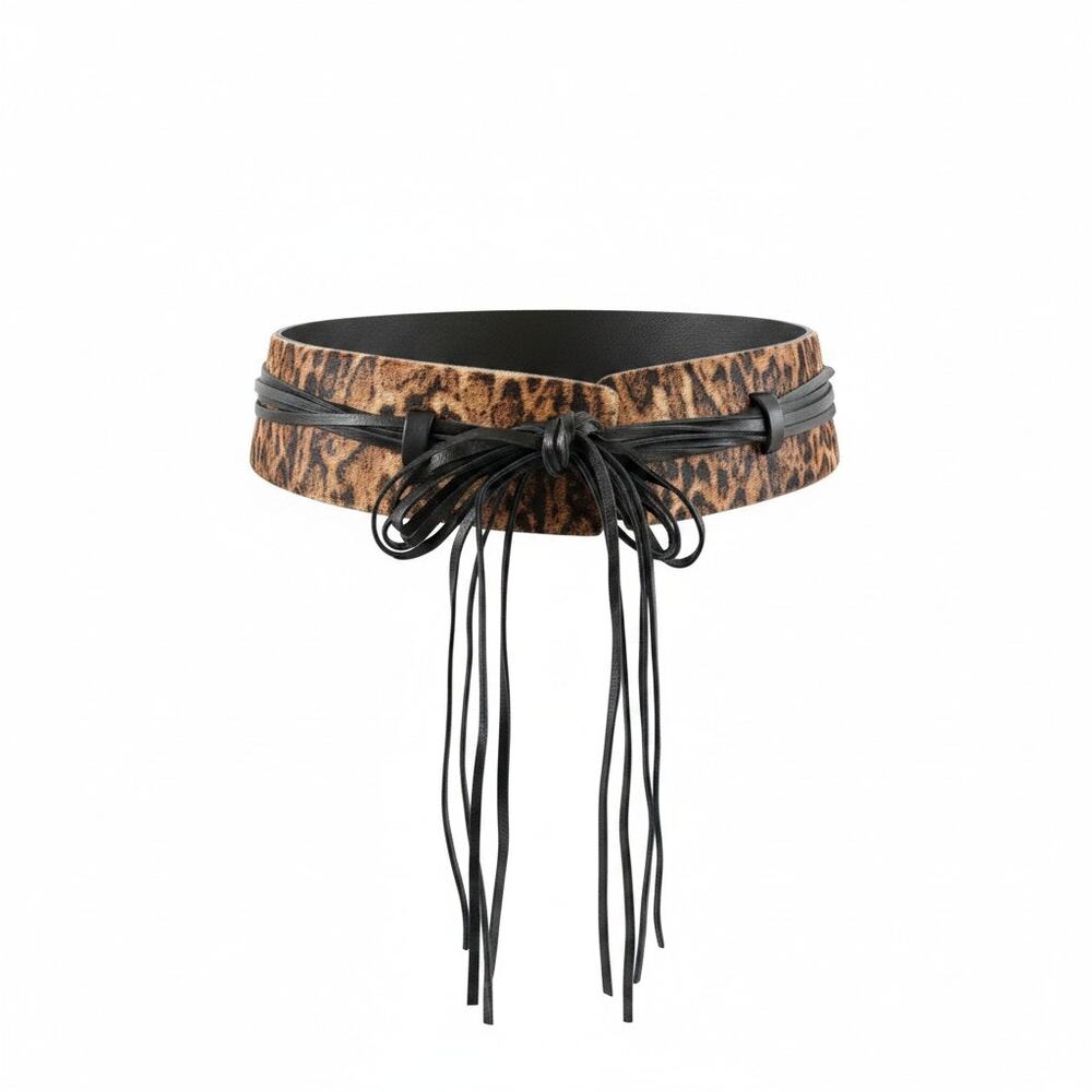 90s Vintage Per Se Leopard Print Calf Hair Obi Wrap Belt Tassel Cinch Glam Indie